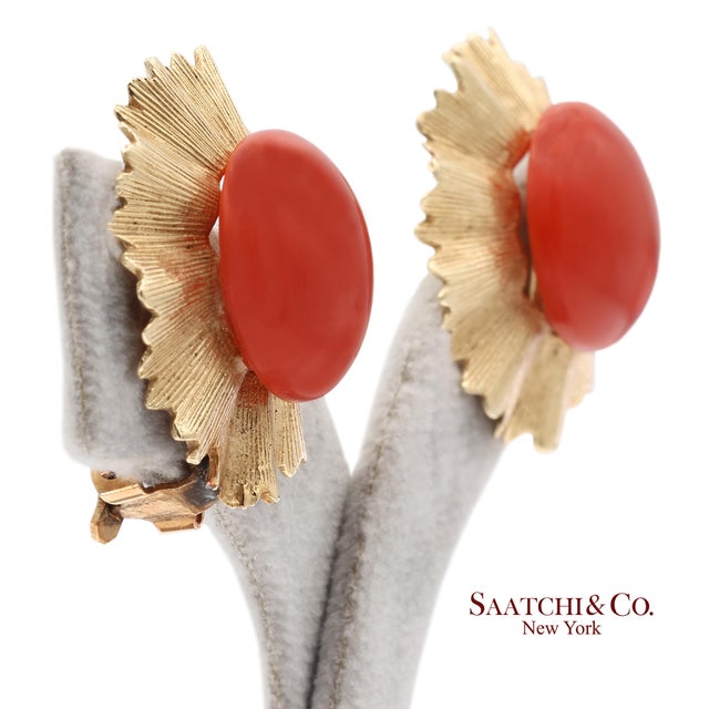 Contemporary Vintage Gia Certified 14k Yellow Gold Natural Coral Earrings With Omega Back, Pair For Sale - Image 3 of 13