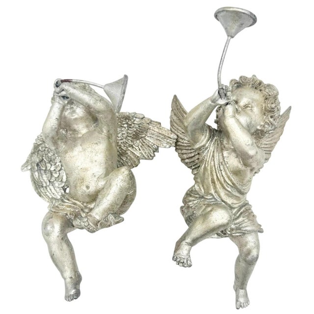 Neoclassical Vintage Silver Cherub Angel Shelf Sitters Playing Horns – Pair For Sale - Image 3 of 6
