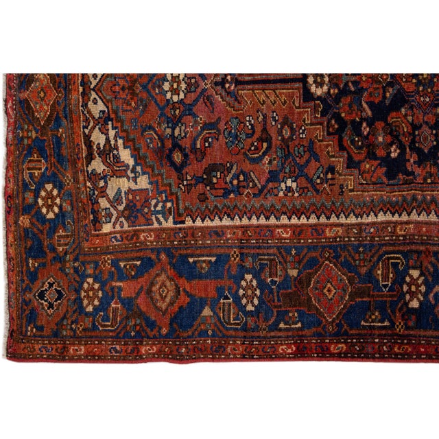 1960s Vintage Persian Hamadan Navy Blue Handmade Medallion Wool Rug For Sale - Image 4 of 7