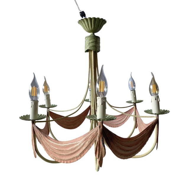 Six-Arm Chandelier in Enameled Sheet Metal, 1940s For Sale