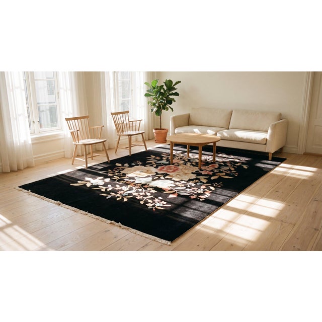 1920s Black Floral Antique Chinese Art Deco Carpet 5'9" X 8'6" by Nichols Workshop Knotted Wool Rug For Sale - Image 14 of 15