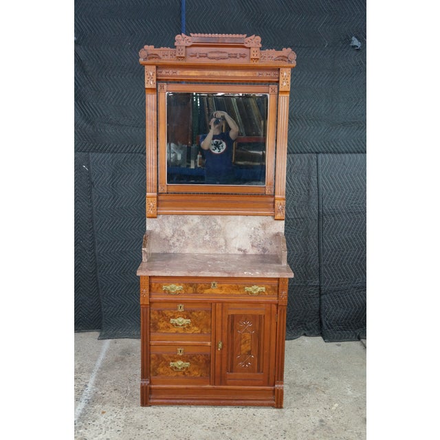 Late 19th Century Antique Victorian Eastlake Walnut Burl Marble Washstand & Mirror Commode Cabinet For Sale - Image 5 of 18