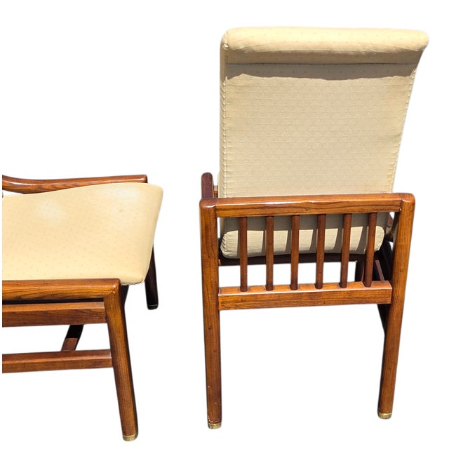 1980s 2 Henredon Scene One Campaign Dining Room Side Chairs MCM Oak Brass For Sale - Image 13 of 15