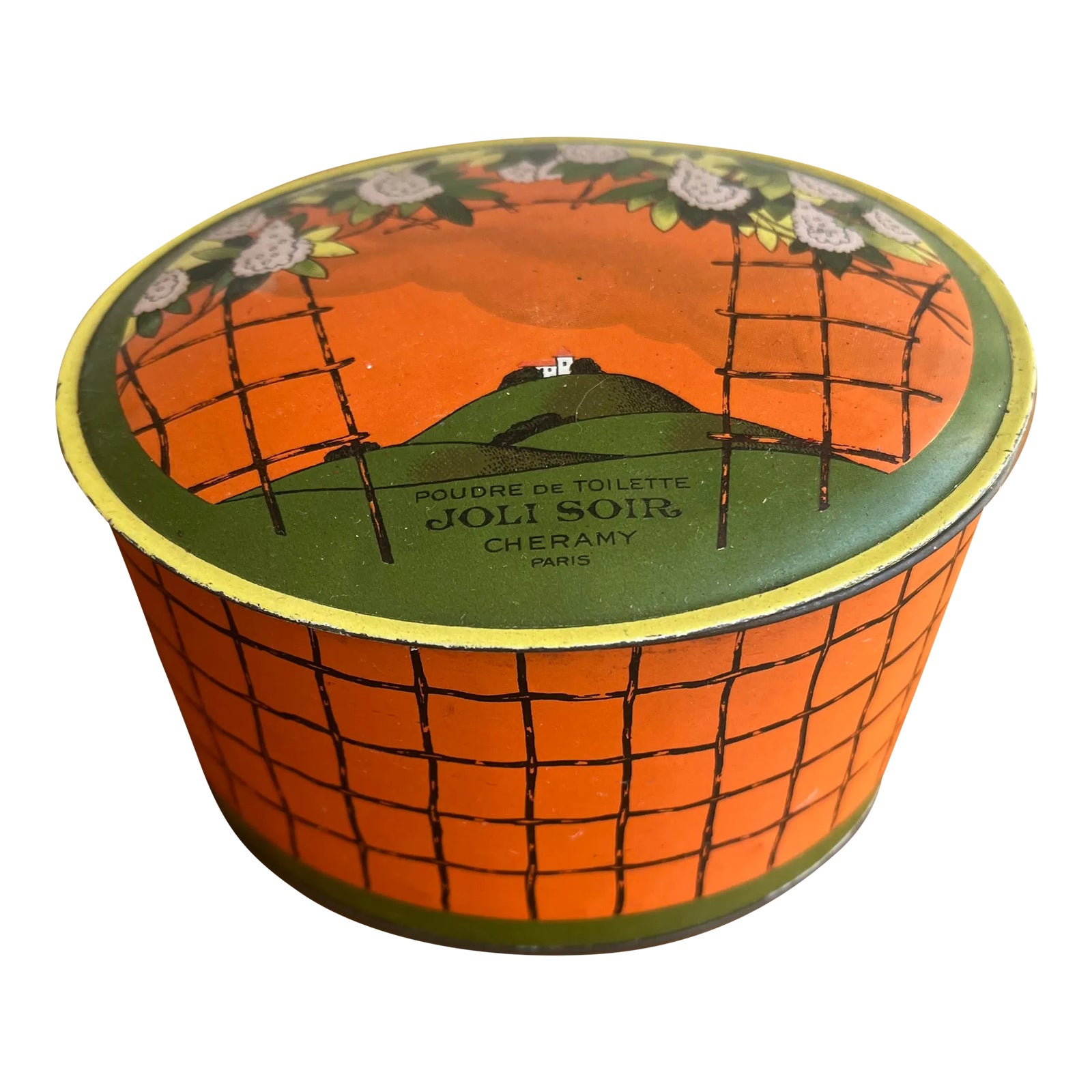 Antique Cheramy Paris Joli Soir Dusting Powder Puff Deco Tin Container ...