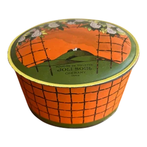 Antique Cheramy Paris Joli Soir Dusting Powder Puff Deco Tin Container