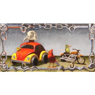Road Warriors by Shawn Sullivan | Oil Painting of toy vehicles and birds in a framed setting For Sale