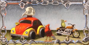 Road Warriors by Shawn Sullivan | Oil Painting of toy vehicles and birds in a framed setting