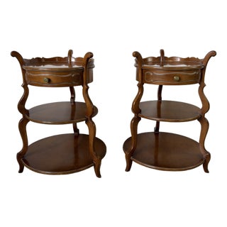 Vintage Grosfeld House Three Tier Walnut Side Tables With Drawer – A Pair For Sale