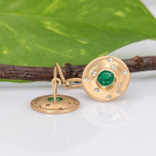 Zambian Emerald Stud Earrings With Earth-Mined Diamond Accents: Solid 14k Gold, A Pair For Sale - Image 4 of 6