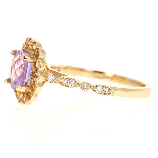 Contemporary 1.99 Carat Cushion Cut Amethyst Diamond Sapphire Yellow Gold Ring Size 7 For Sale - Image 3 of 5
