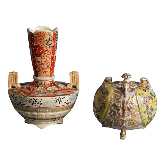 Antique Satsuma Pottery Vessels, Vase & Lidded Urn, Circa 1920 - a Pair For Sale