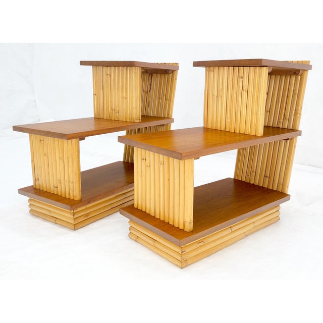 Pair of Restored 1950s Solid Mahogany & Bamboo Reed Step End Side Tables Stands For Sale - Image 11 of 12