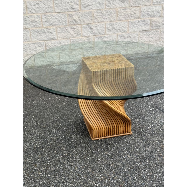 1970s Rattan Dining Set With Sculptural Twisted Base and Round Glass Top & 8 Dining Chairs For Sale - Image 12 of 12