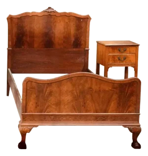 Vintage Mahogany Queen Anne Style Bedroom Matching Bedframe & Nightstand Brass Bail Pulls