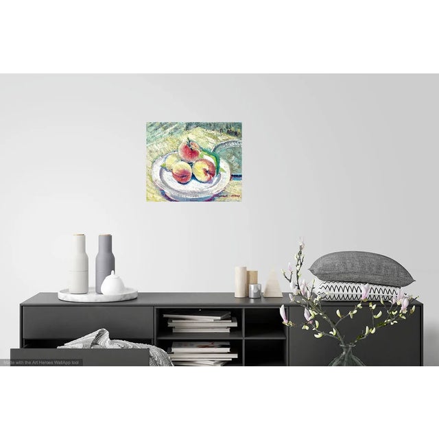Fresh peaches still life oil on canvas painting by listed French artist Humbert Curcuru. This painting would be fine...