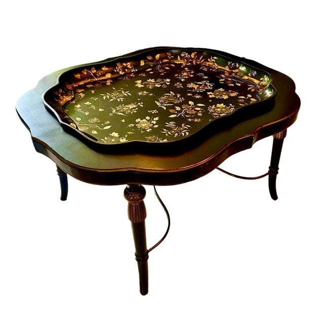 English traditional Regency style black lacquer coffee table with Asian scenery. Faux bamboo wood frame, removable tray at...