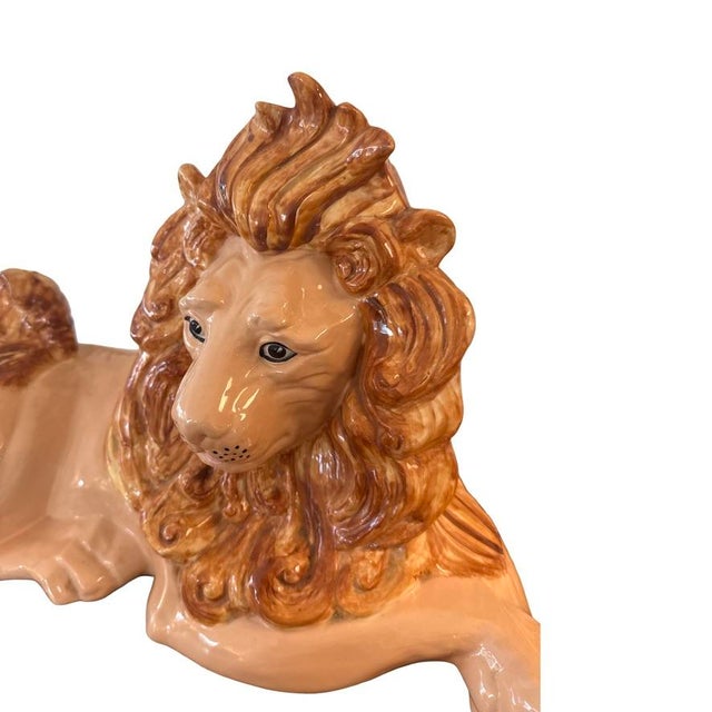 Mid 20th Century 1970s Signed Hand Painted Ceramic Reclining Lion Sculpture For Sale - Image 5 of 8