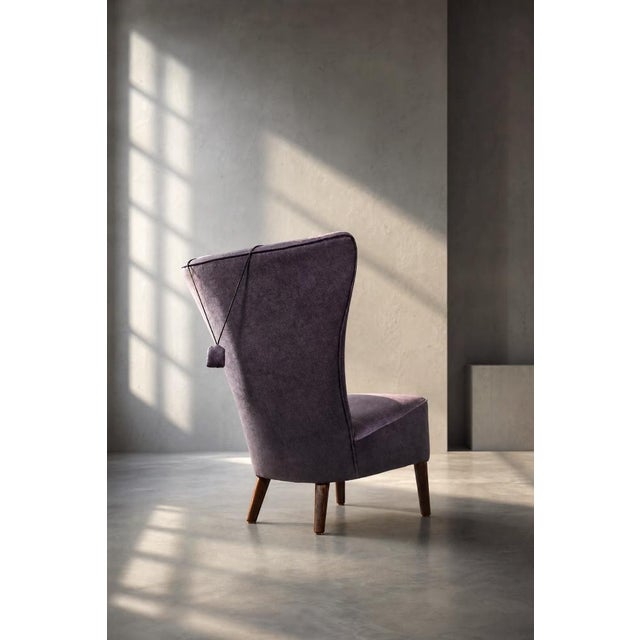 Vintage Scandinavian Modern Oak and Purple Fabric High Back Wing Chair, 1950s For Sale - Image 10 of 18