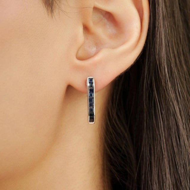 Modernist Blue Sapphire Earrings in 925 Sterling Silver for Mom's Gift- 2 Pieces For Sale - Image 4 of 10