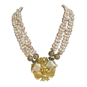 Late 20th Century Art Nouveau Gold Pendant Lady and Pearl Necklace