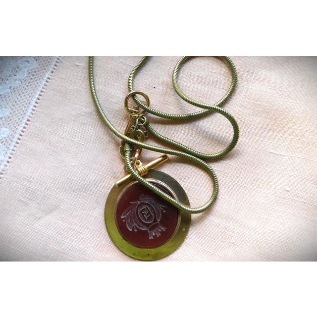Antique Carved Carnelian Gold Round Pendant Necklace, Initial "F", Snake Chain, Toggle For Sale In New York - Image 6 of 12