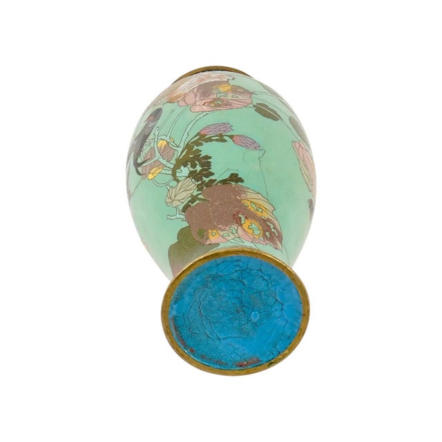 Late 19th Century Japanese Cloisonne Enamel Vase Meiji Period Green Ground Bird Floral For Sale - Image 5 of 7