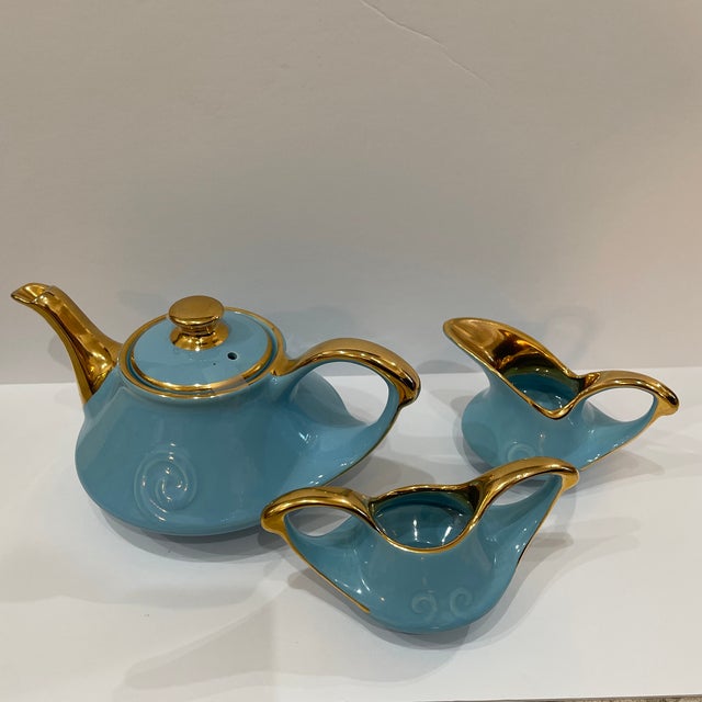 Vintage Tea Set Blue Turquoise and Gold 22k - Set of 3 For Sale In Miami - Image 6 of 10