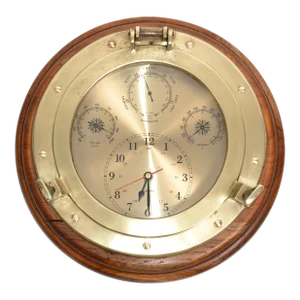 1960s Nautical Porthole Quartz Clock Weather Station Barometer Brass Oak Wood