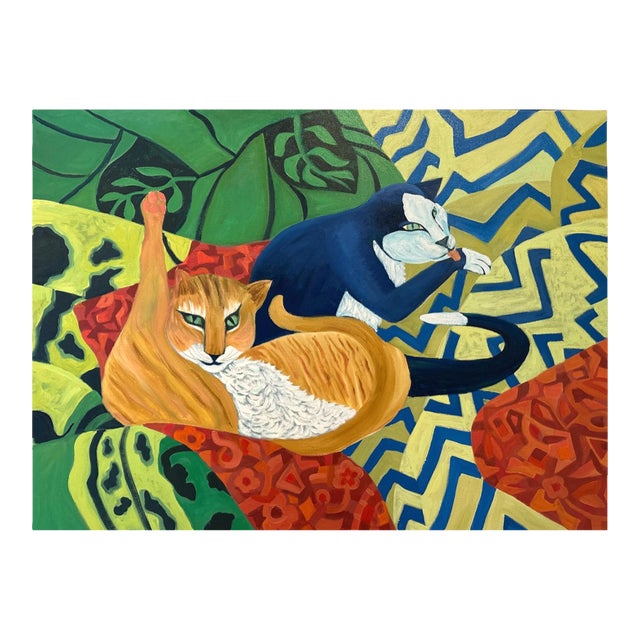Marc Zimmerman "Siesta" Oil Painting, Orange Cat at Rest, Tropical Interior, Navy Gold Zigzag Pattern, Contemporary Art West Coast For Sale
