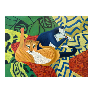 Marc Zimmerman "Siesta" Oil Painting, Orange Cat at Rest, Tropical Interior, Navy Gold Zigzag Pattern, Contemporary Art West Coast