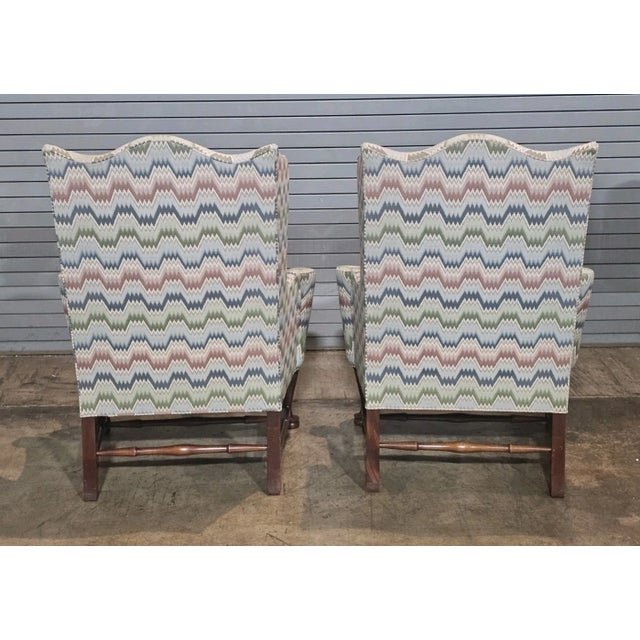 Wood Late 20th Century Pair Southwood Connoisseur Collection Mahogany Wing Chairs Flame Stitch Fabric For Sale - Image 7 of 10
