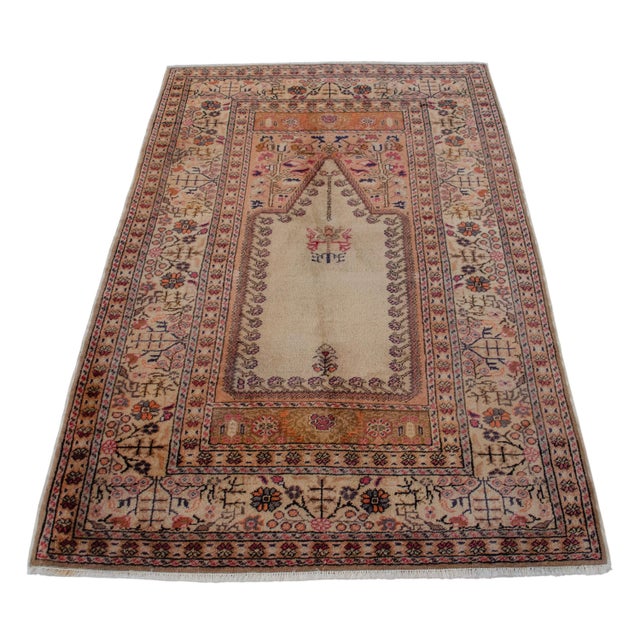 Turkish Vintage Hand-Knotted Turkish Rug Prayer Rug Super Fine Wool Rug Wall Decor Religious Tapestry 3x5 Ft Approx For Sale - Image 3 of 18