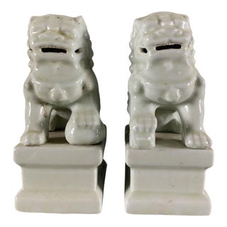Vintage Pair of Chinese Celadon Glaze Ceramic Foo Dogs / Guardian Lions on Pedestals For Sale