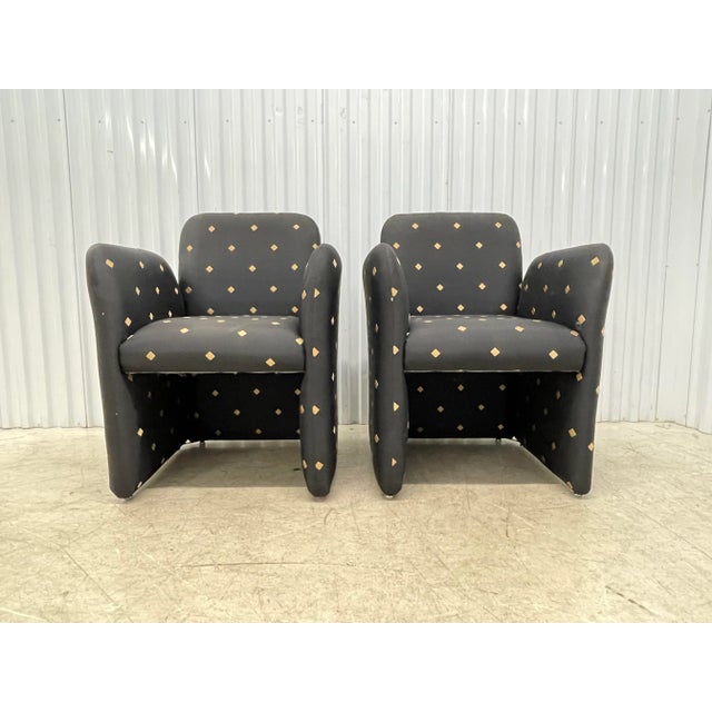 Great pair of Chiclet Sytle Club Chairs. Black with Gold Diamond Upholstery. Modern take on classic harlequin design.