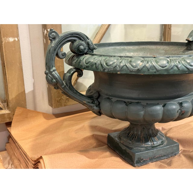 19th Century Antique French Neoclassical Painted Cast Iron Garden Urn For Sale - Image 4 of 5