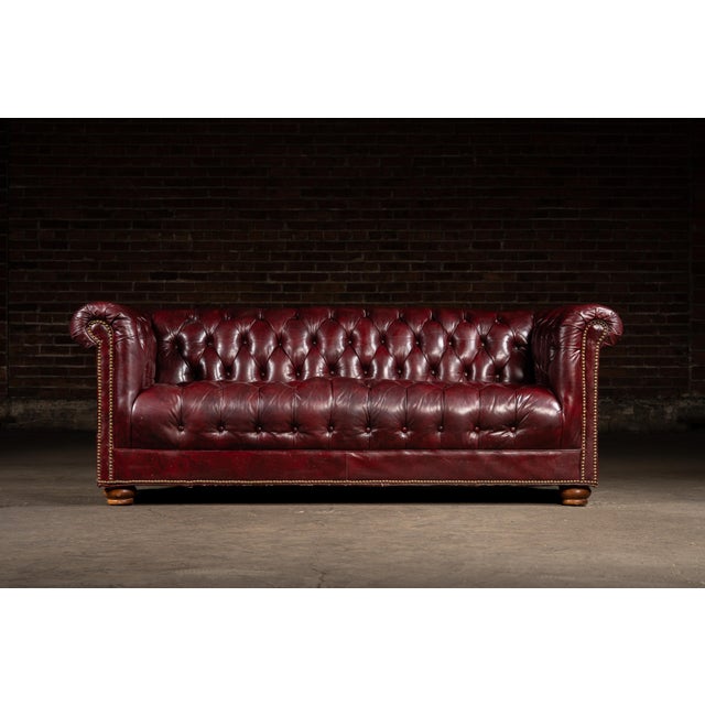 English Vintage Tufted Leather Chesterfield Sofa in Oxblood For Sale - Image 3 of 11