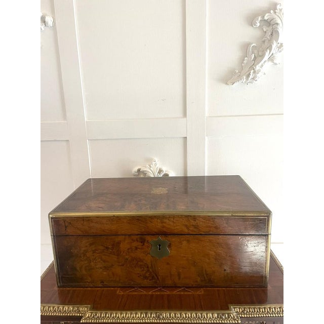 Victorian Burr Walnut Brass Bound Writing Box, 1878 For Sale - Image 14 of 14