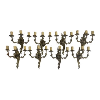 Vintage Gilt Bronze Rococò Style Three-Arm Wall Sconces— Set of Eight For Sale