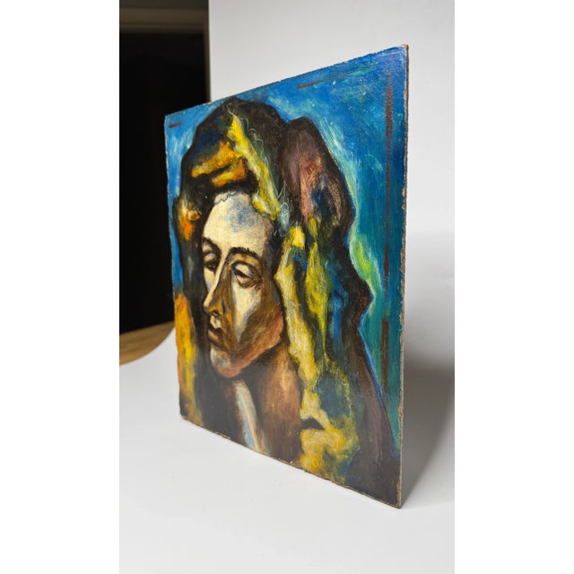 This Fauvist style oil painting on board depicts an ancient figure head in vibrant colors of teal, turquoise and deep...