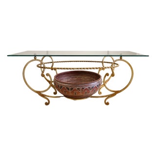 Liberty Jr Coffee Table in Gilded Wrought Iron, Glass, and Art Ceramics, Prato, 1990s For Sale