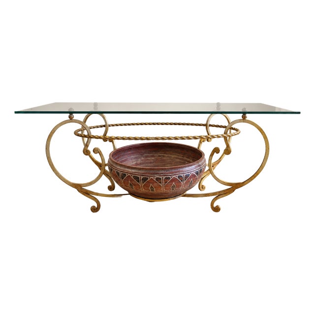Liberty Jr Coffee Table in Gilded Wrought Iron, Glass, and Art Ceramics, Prato, 1990s For Sale