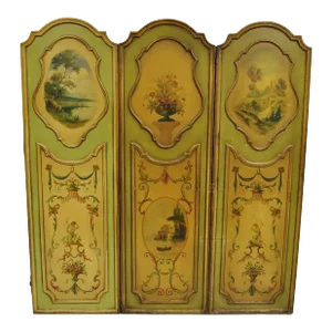 Antique French Louis XV Green Hand Painted 3 Panel Venetian Room Screen (A)