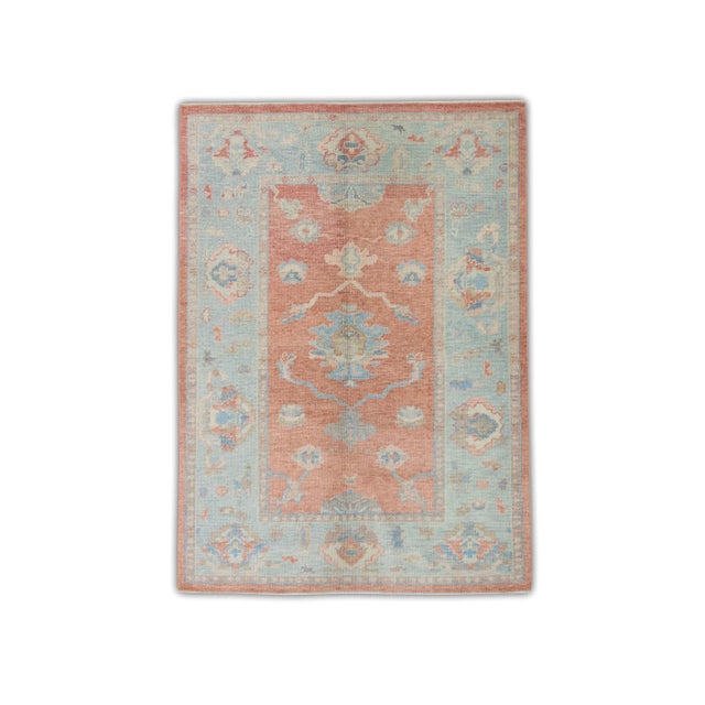 Textile Early 21st Century Turkish Red & Blue Handwoven Oushak Rug For Sale - Image 7 of 7