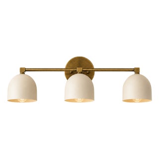 Handcrafted Solid Brass 3-Light Wall Sconce, Antique Brass Vanity Light With White Shades For Sale
