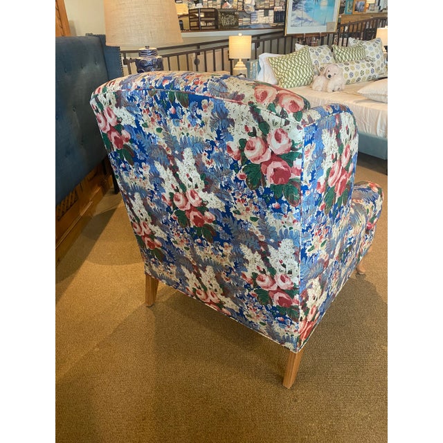 Queen Anne Custom Wingback Chair in Chintz Fabric For Sale - Image 3 of 4