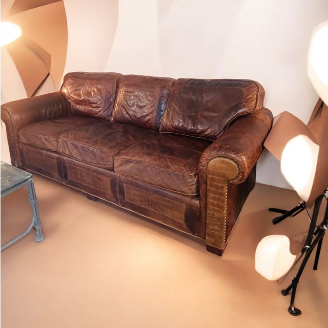 Vintage Vanguard Furniture Alligator Print Down Filled Full Grain Leather Sofa For Sale In Raleigh - Image 6 of 11
