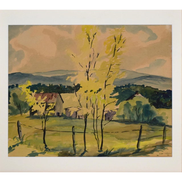 Rustic Vintage American Impressionist Watercolor Landscape Painting With Farm by Ralph Williams 1946 For Sale - Image 3 of 9