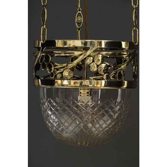 Jugendstil pendant vienna around 1908 Brass polished and stove enameled Original antique cut glass. European Plug (up to...