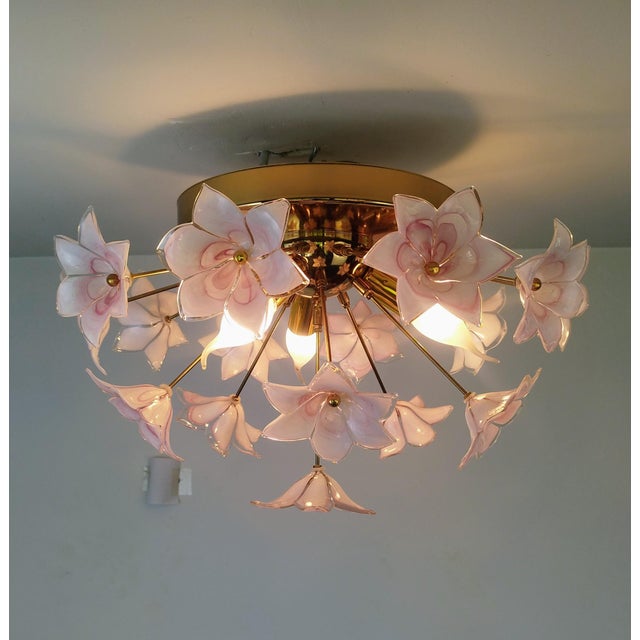 Contemporary Murano Style Flush Mount Light Pink Flower Ceiling Light Glass Chandelier For Sale - Image 3 of 14