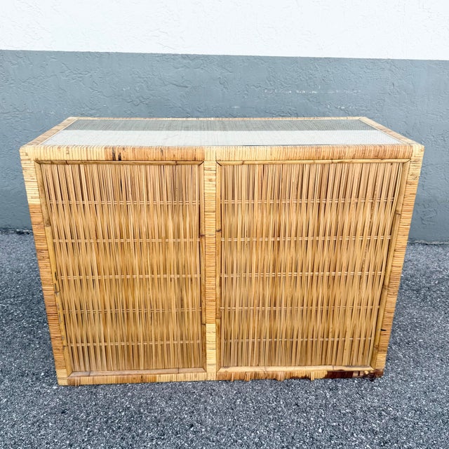 Wood Boho Chic Wicker Inlaid Glass Top Writing Desk For Sale - Image 7 of 12